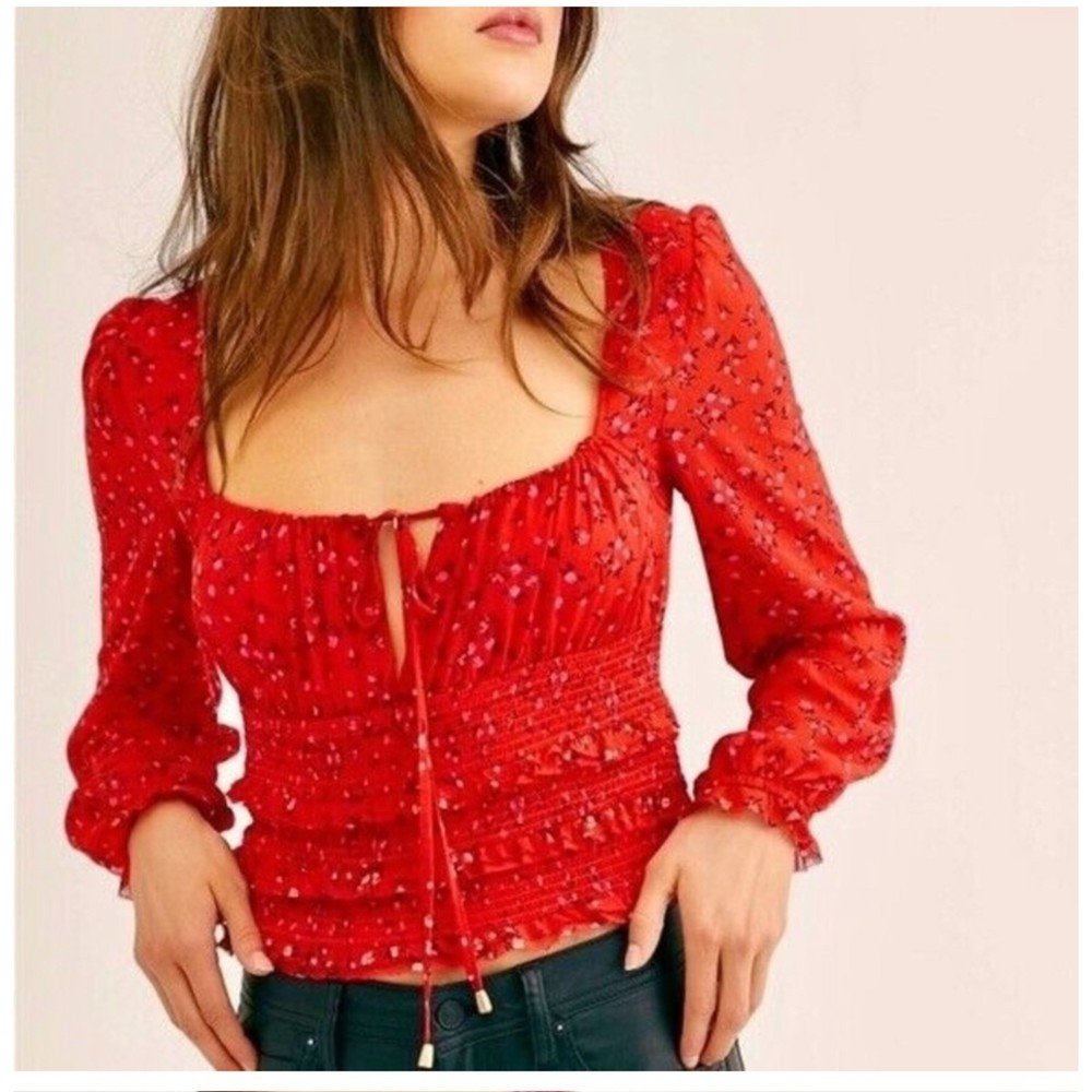 Free People Lolita Red Floral Peasant Top Large